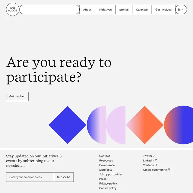 Nonprofit hero page with gradient geometric shapes and newsletter signup, minimal, geometric, light