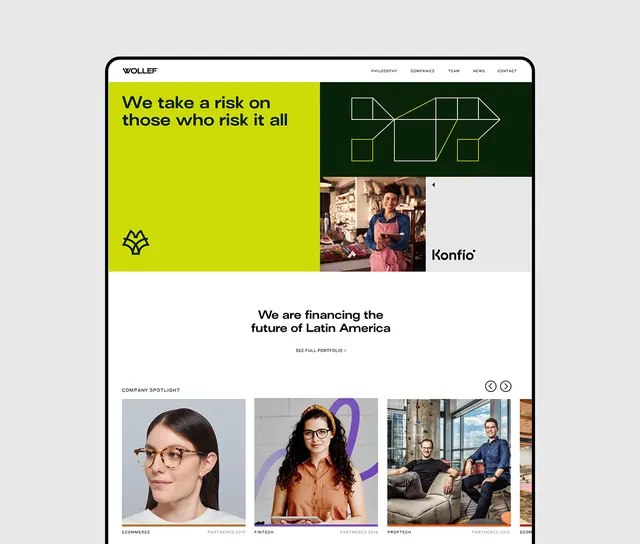 Risk-forward venture capital website layout, corporate-clean, minimal, dark