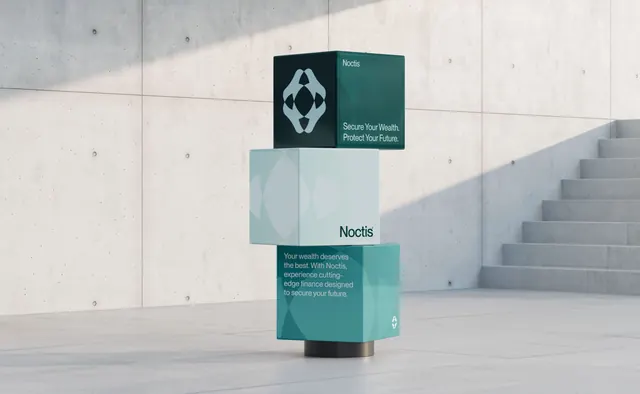 Noctis fintech brand 3D packaging mockup, minimal, geometric, cool