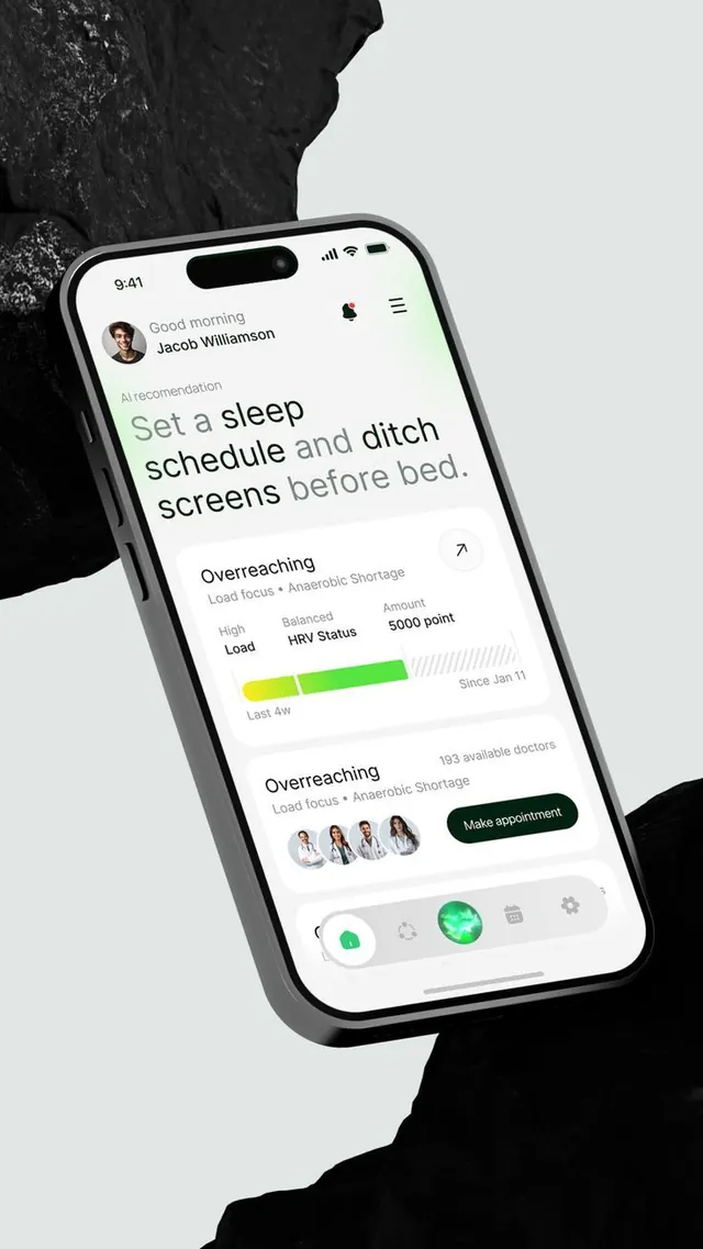 Health app interface with lime green accents, minimal, light-mode, light