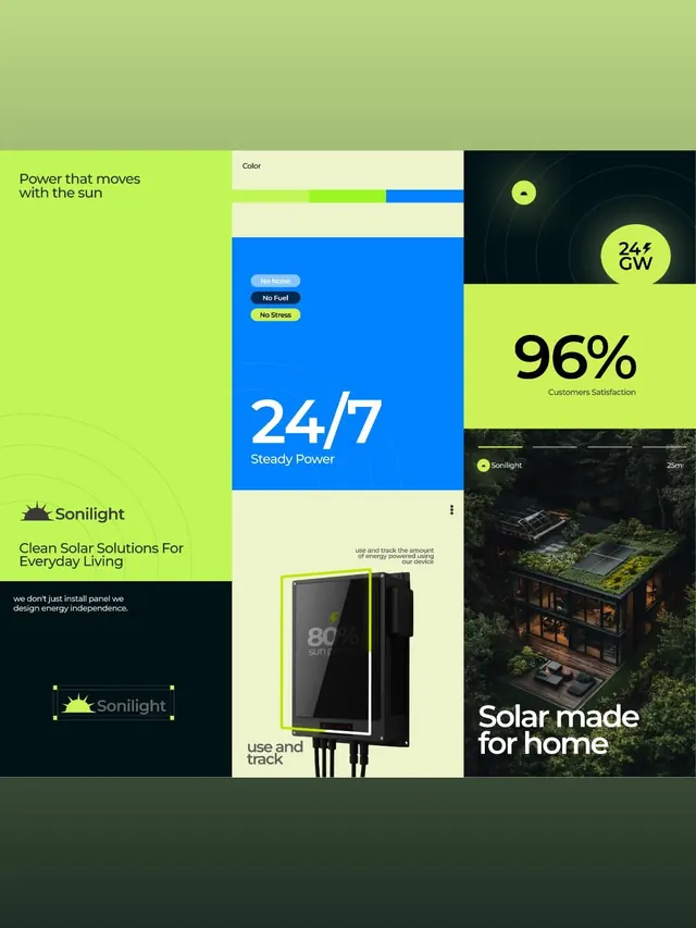 Sonilight solar energy brand layout, minimal, flat, dark