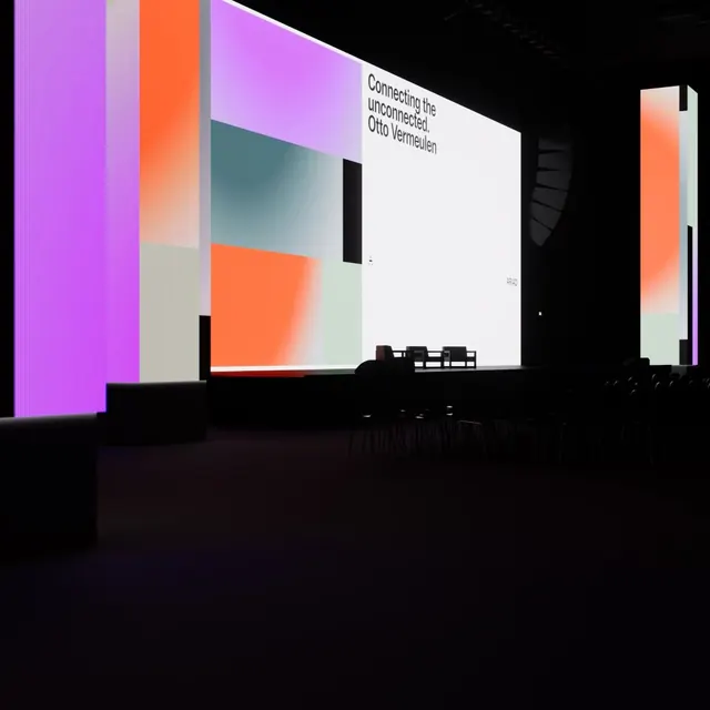 Exhibition space with gradient-lit vertical planes, abstract, geometric, dark