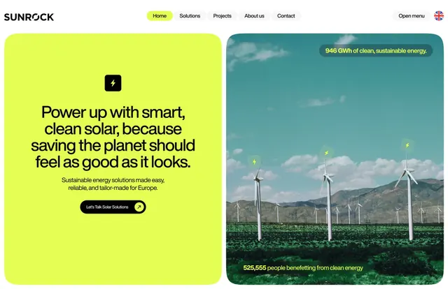 Sunrock solar energy split-panel landing hero, minimal, corporate-clean, light