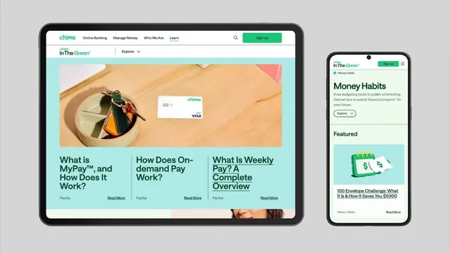 Chime fintech app responsive mockup, minimal, corporate-clean, light