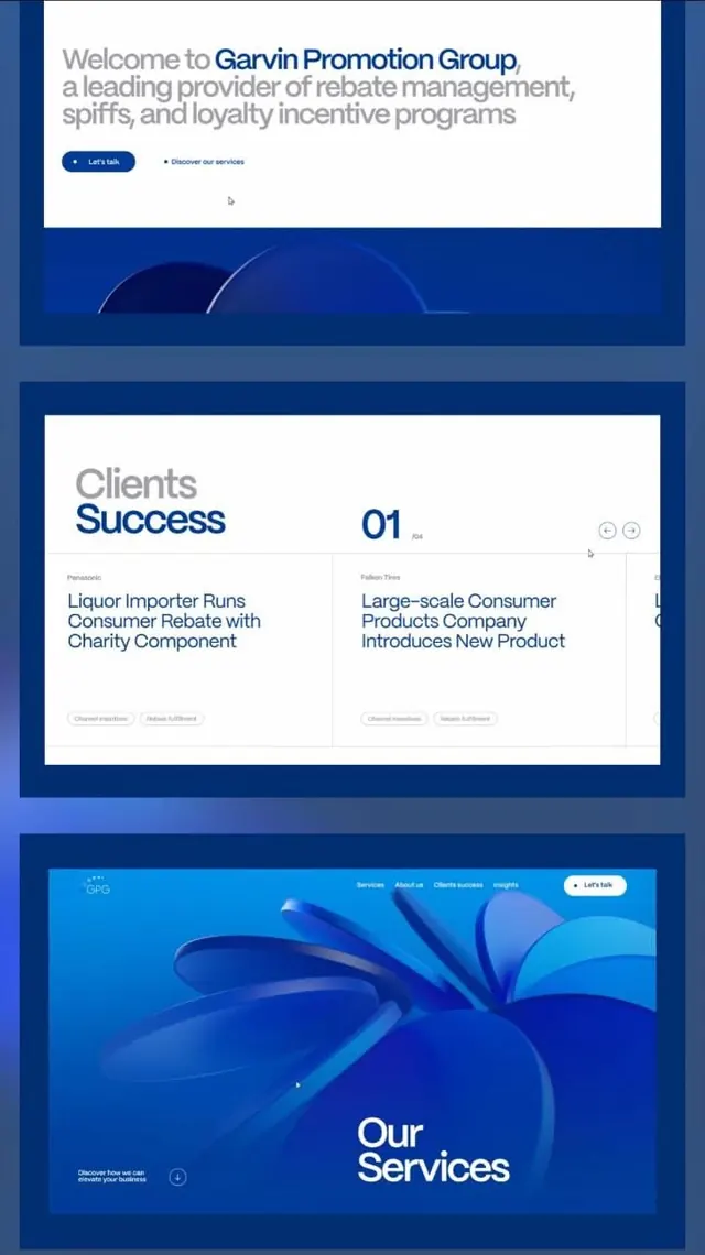 Garvin Promotion Group: B2B services showcase with blue modular layout, corporate-clean, minimal, dark