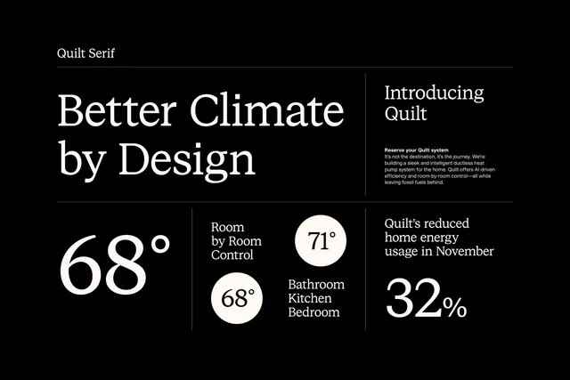 Smart home HVAC metrics poster with serif typography, minimal, corporate-clean, dark