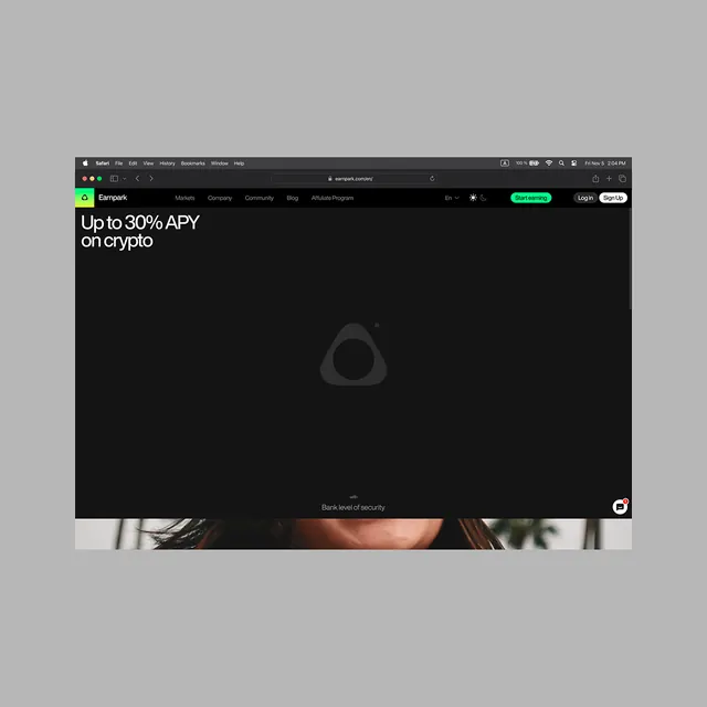 Earmark crypto hero with dark background and geometric icon, dark-mode, corporate-clean, dark