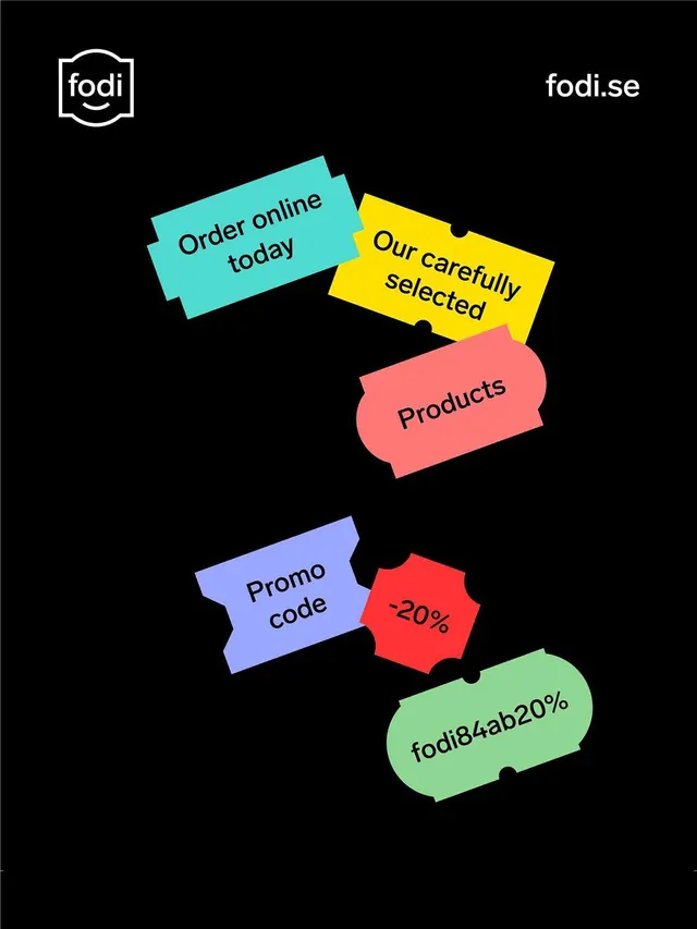 Fodi promotional sticker labels on dark background, minimal, flat, vibrant