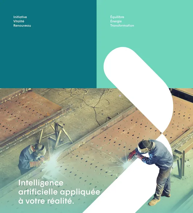 Split color-block layout with industrial photography, minimal, corporate-clean, light