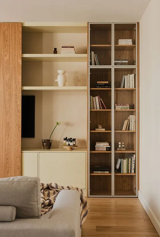 Modular wood shelving system with glass doors, organic, light