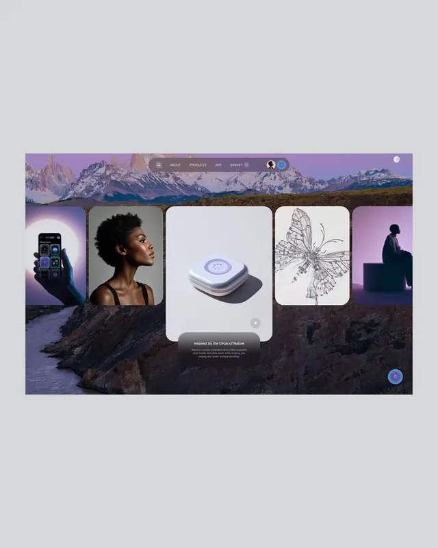 Alpine landscape background with product showcase cards and navigation, minimal, organic, light