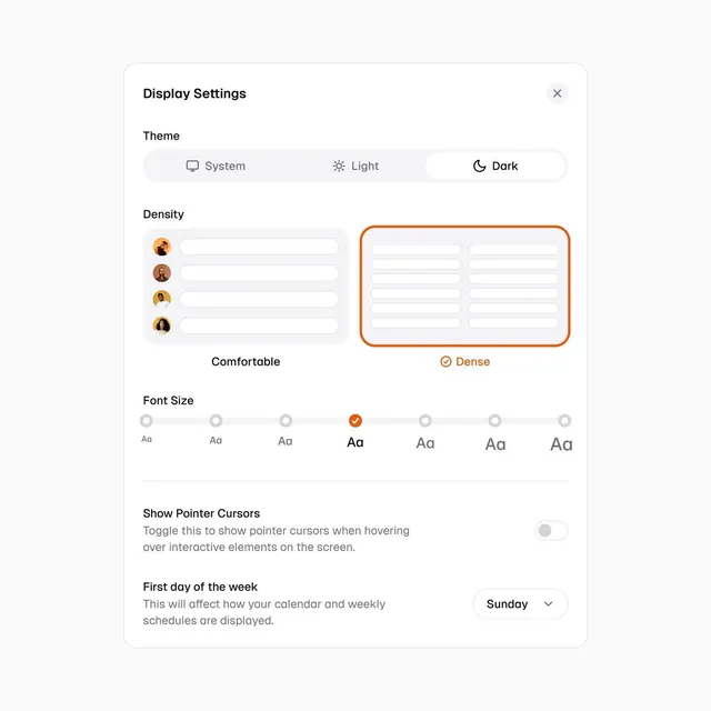 Settings modal with density controls and user avatars, minimal, corporate-clean, light