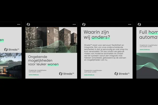 Dark real-estate carousel with teal accents and modular cards, minimal, dark-mode, dark