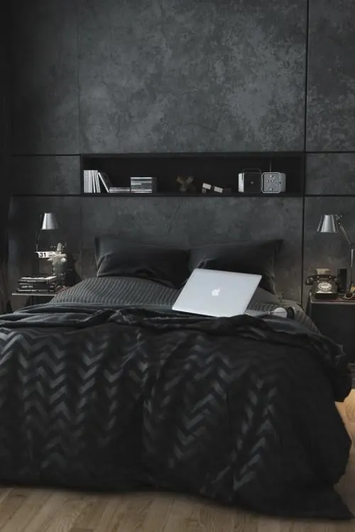 Dark Textured Bedroom Interior, minimal, monochrome, dark