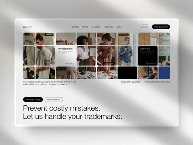 LegalMatch trademark service hero with photographic grid, corporate-clean, minimal, light