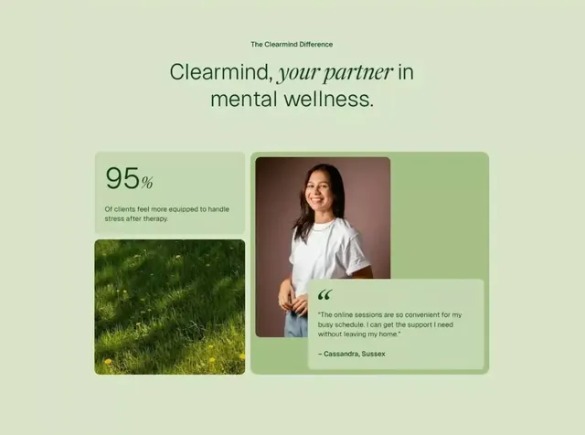 Clearmind mental wellness layout, minimal, corporate-clean, light