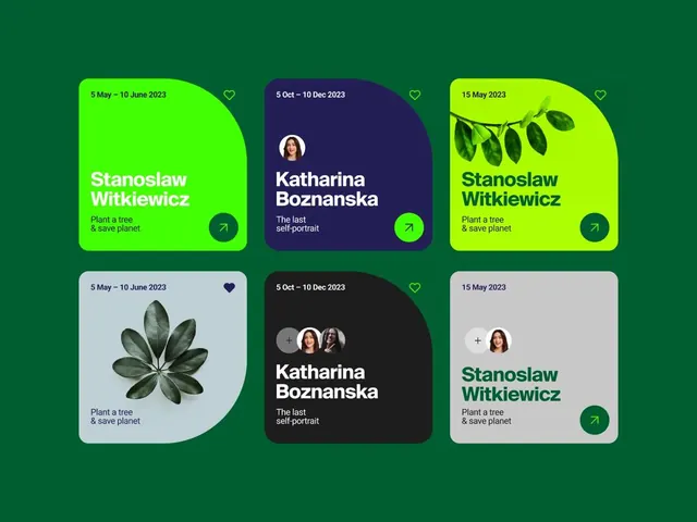 Event cards with contrasting color blocks and avatars, minimal, flat, vibrant
