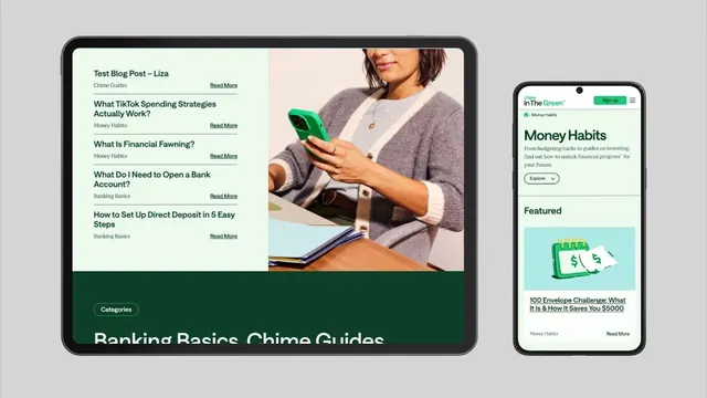 Fintech education app mockups with green branding and content list, minimal, corporate-clean, light