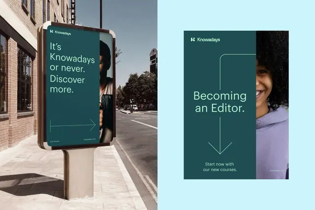 Knowadays course marketing split-screen signage, minimal, corporate-clean, light