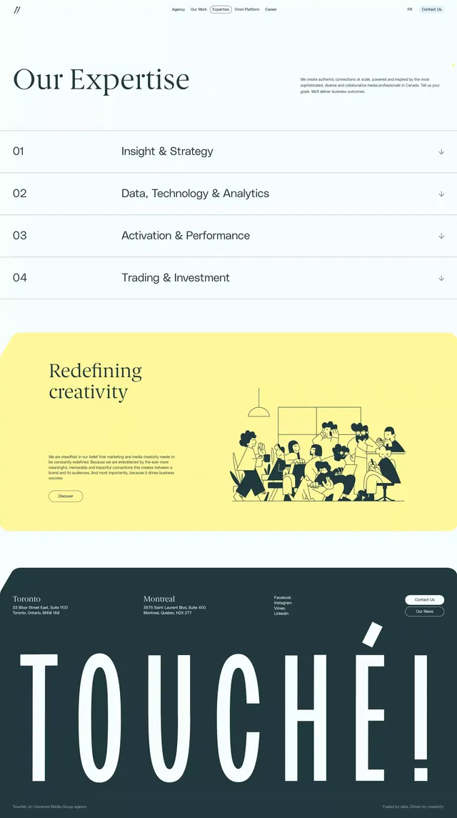 Touché agency expertise section with yellow collaboration callout, corporate-clean, minimal, light