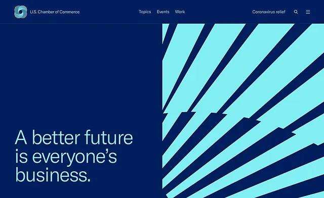 US Chamber of Commerce hero with cyan diagonal stripes, corporate-clean, minimal, dark