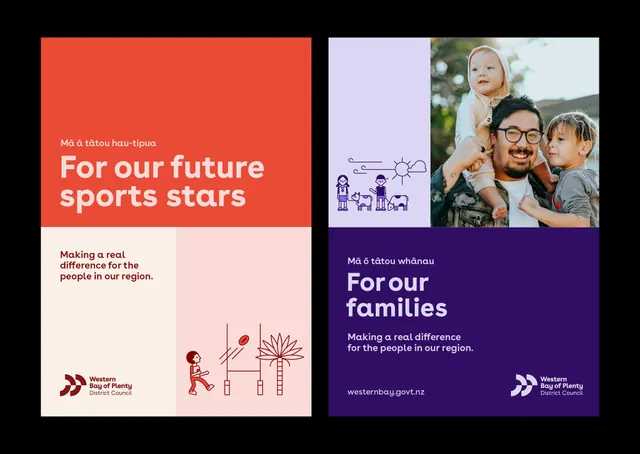 Western Bay council sports + family split campaign, flat, minimal, warm