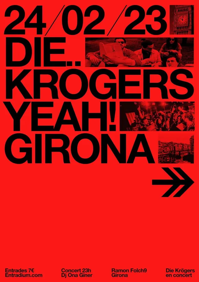 Die Krogers concert poster, red and black, brutalist, editorial, dark