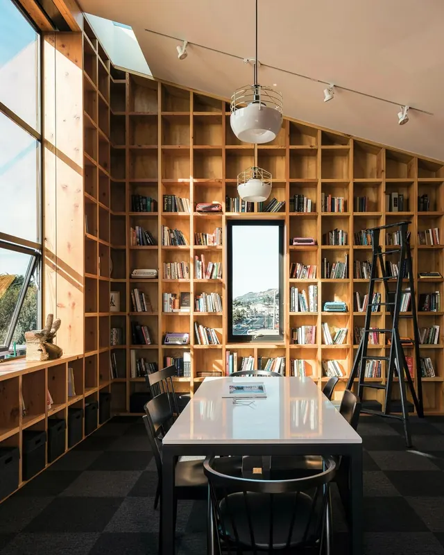 Modern Library Interior, minimal, organic, warm