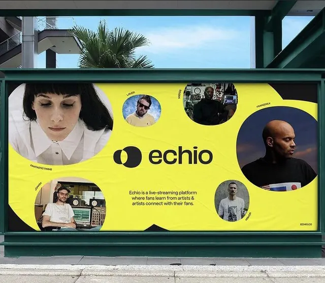 Echio live-streaming platform storefront billboard, minimal, corporate-clean, vibrant