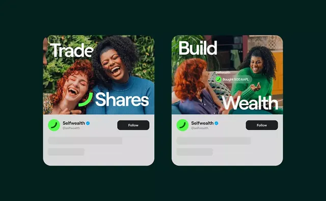 Fintech cards with vibrant accent UI and lifestyle photography, minimal, corporate-clean, dark
