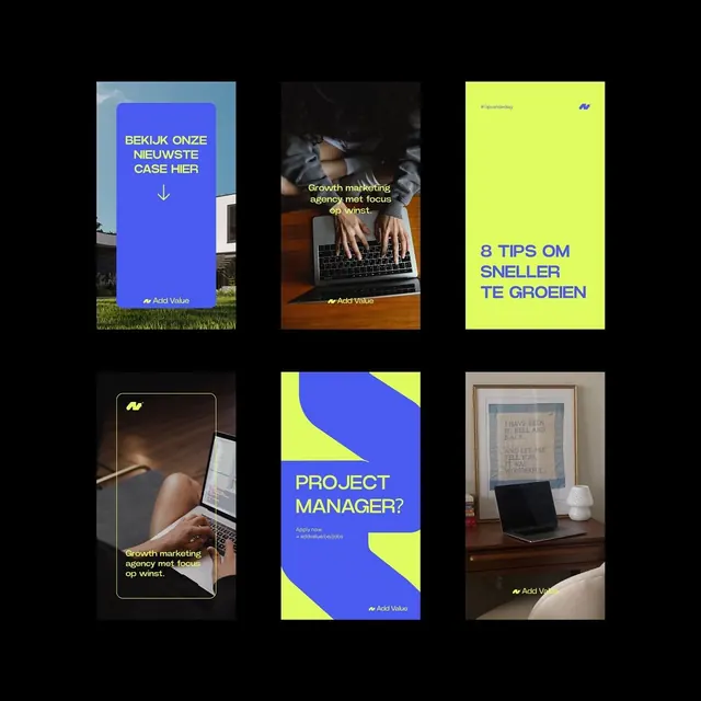 Add Value promotional card grid, neon-blue and lime-green, minimal, corporate-clean, dark