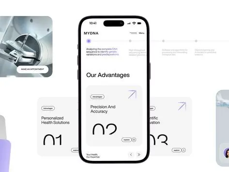 Healthcare app mockup with numbered feature cards, minimal, geometric, light