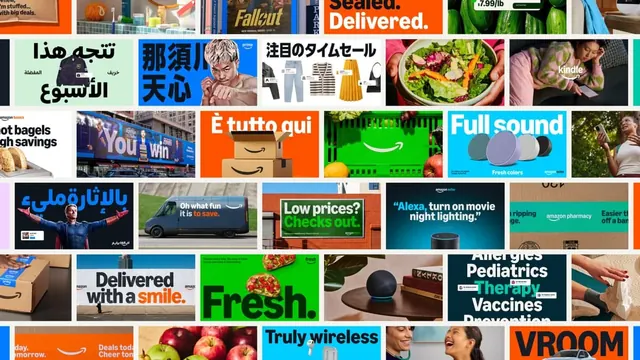 Dense promotional ad-banner collage grid, maximalist, flat, vibrant