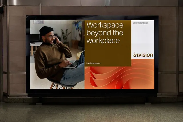Invision billboard campaign, photo/text split with orange wave graphic, minimal, corporate-clean, light