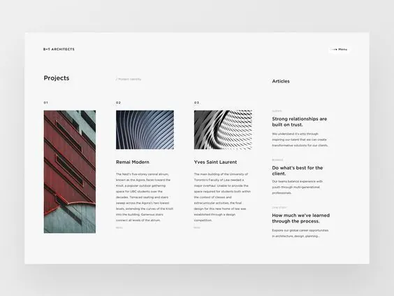 Architecture studio portfolio layout with triple-column grid, minimal, editorial, light