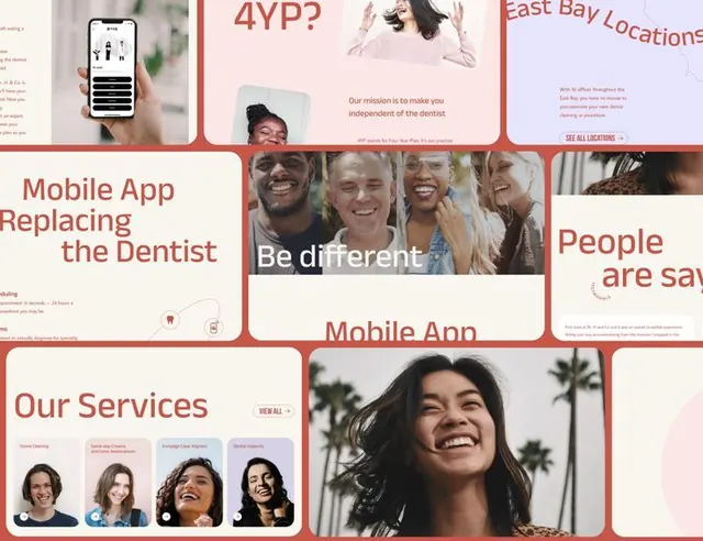 Healthcare app UI with red grid and diverse headshots, minimal, corporate-clean, light