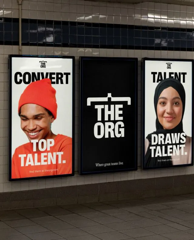 Three-panel talent recruitment posters with bold type, minimal, corporate-clean, dark