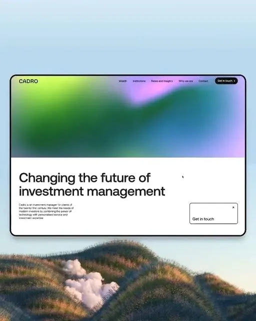Fintech hero mock-up with gradient overlay and landscape, minimal, corporate-clean, cool