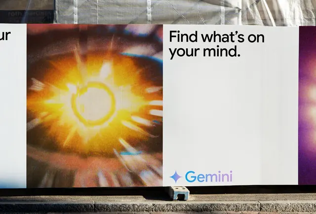 Split layout with radial sun graphic and CTA text, minimal, abstract, warm