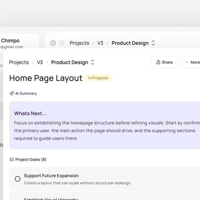 Project management interface with task cards, minimal, corporate-clean, light