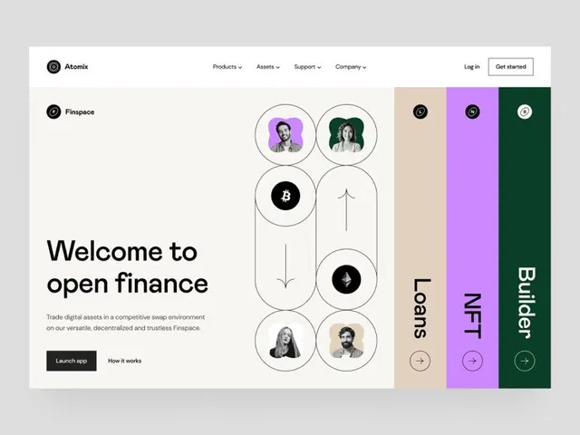 Fintech hero with circular avatar grid and color-blocked sidebar, minimal, corporate-clean, light