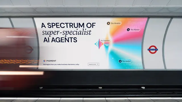 Spectrum gradient AI agent billboard, gradient-heavy, technical, vibrant