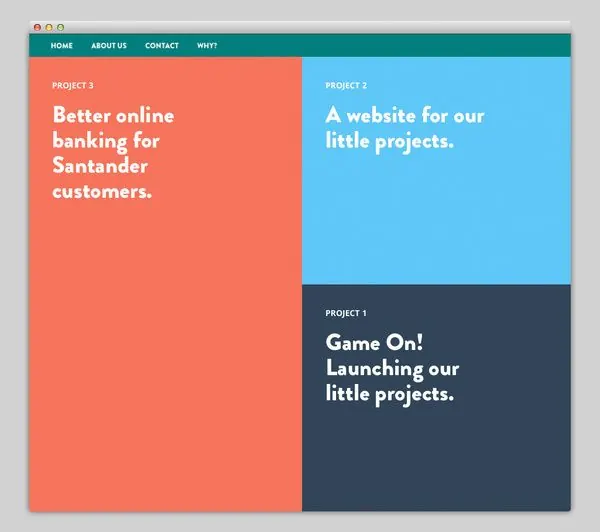 Three-panel project portfolio with color-blocked cards, flat, corporate-clean, cool