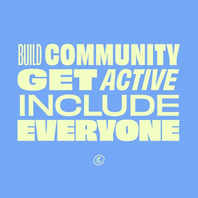 Stacked all-caps community message in yellow and blue, minimal, flat, cool