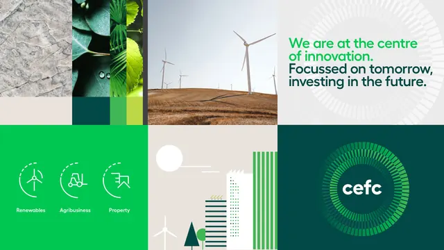 CEFC sustainability collage with modular icon grid, corporate-clean, minimal, light
