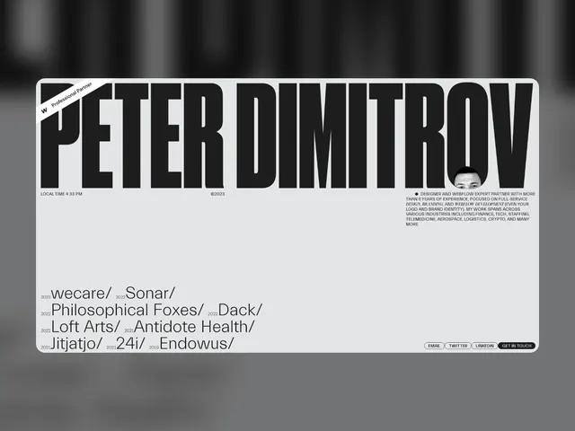 Peter Dimitrov monochrome portfolio layout, minimal, corporate-clean, dark