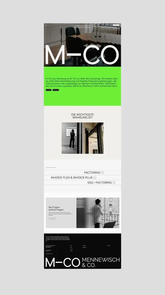 B2B factoring company site with neon-green accent, minimal, corporate-clean, dark