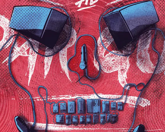 Red Textured Graphic with Hardware Elements, maximalist, brutalist, vibrant