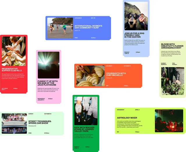 Community event posters with neon accent colors and photographic imagery, playful, photographic, vibrant