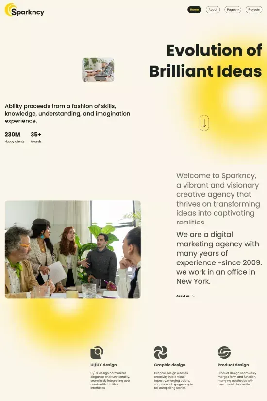 Creative agency hero with yellow gradient and team photo, gradient-heavy, minimal, warm